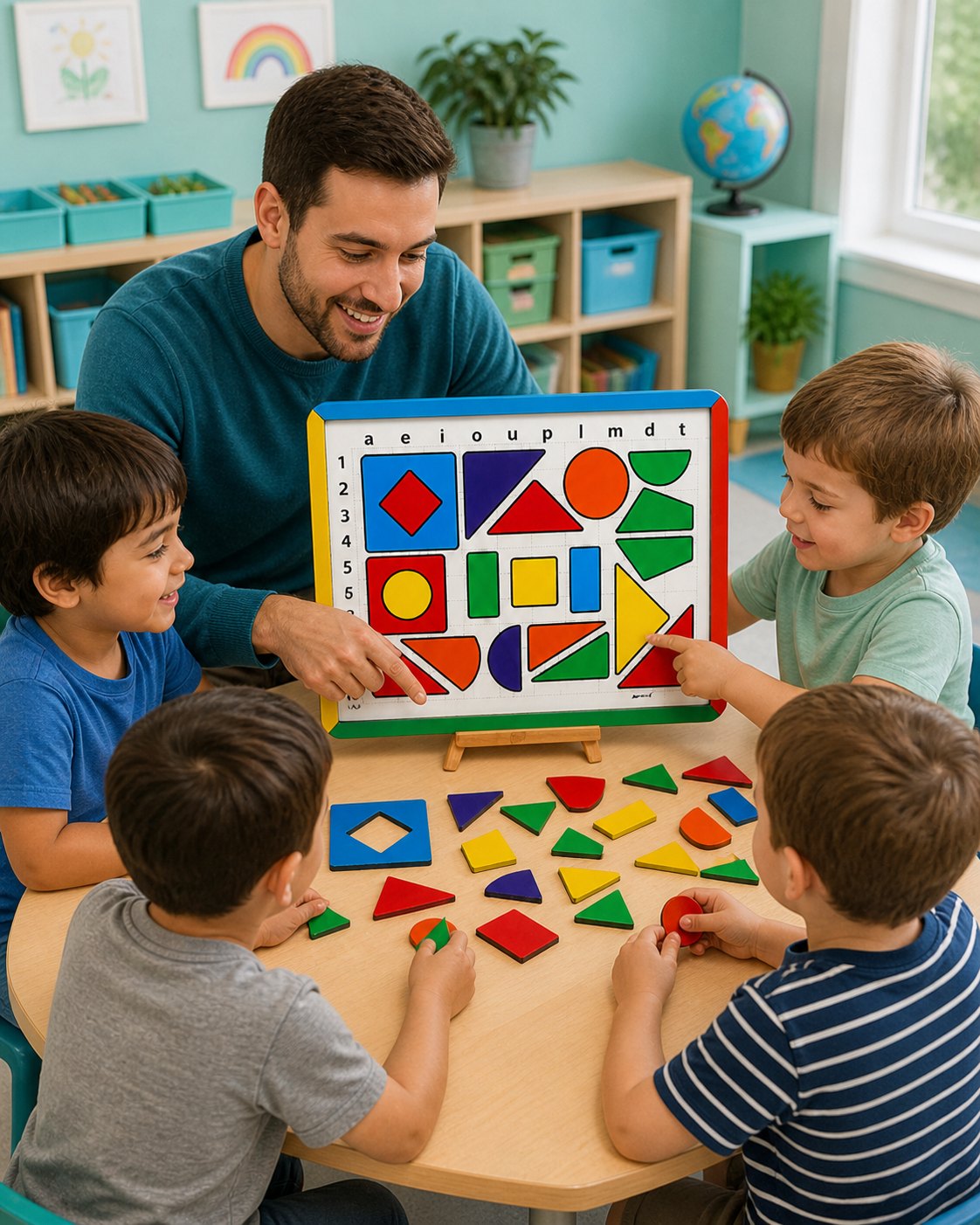 Docente acompañando a niños